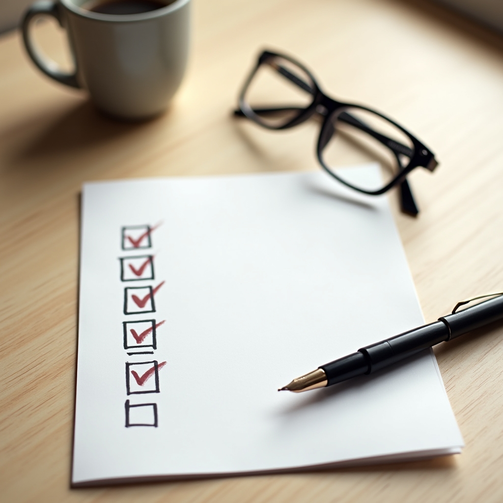 Ausgedruckte Checkliste und Stift auf einem aufgeräumten Schreibtisch