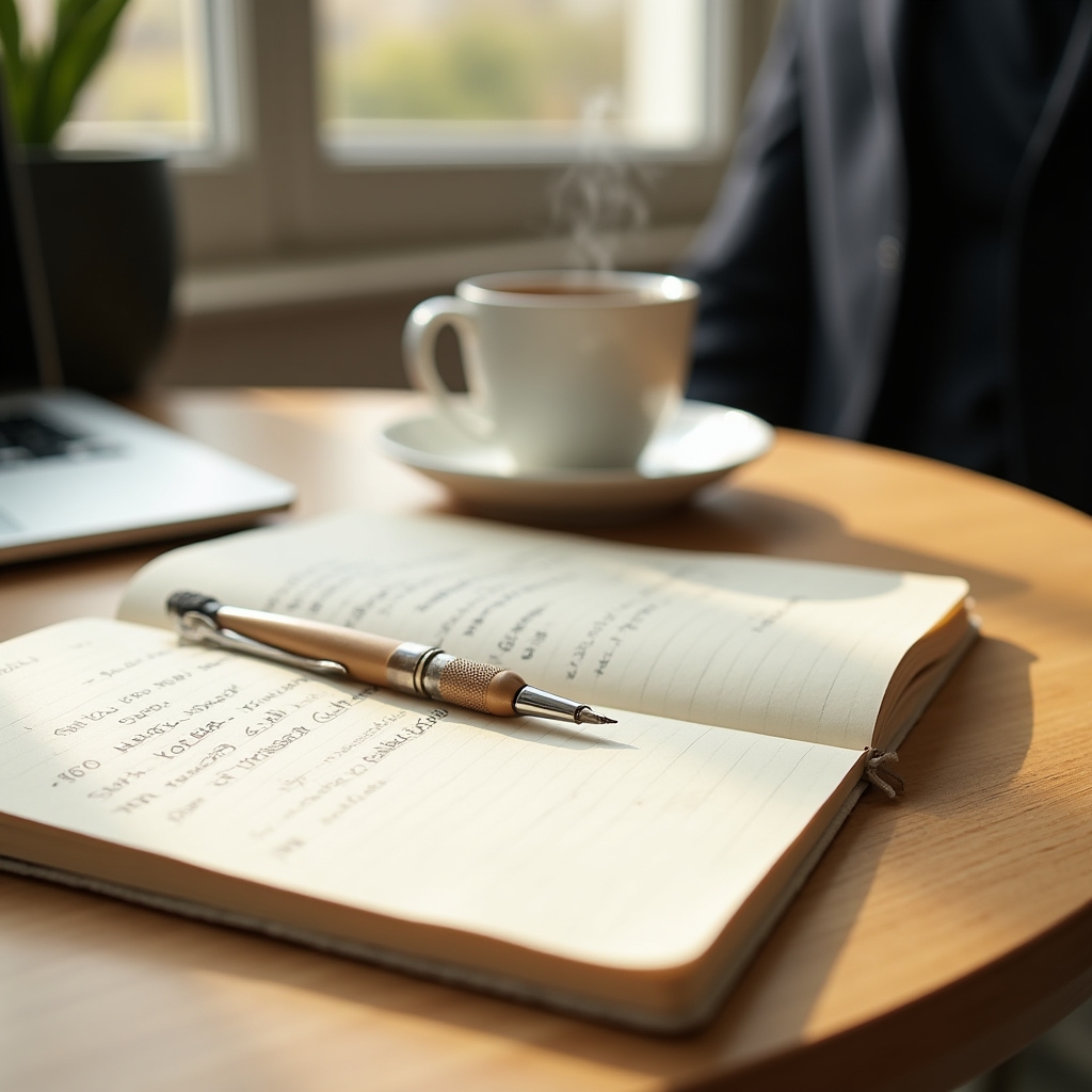 Notizbuch und Kaffeetasse auf leerem Schreibtisch am ersten Arbeitstag als Führungskraft
